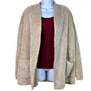 Secret Treasures Cozy Cardigan Earthen Khaki Sherpa Style Open W/ Pockets Lg